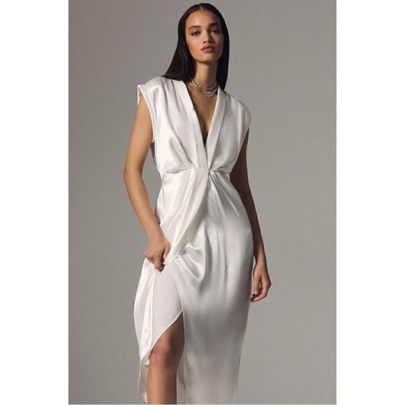 NEW Anthropologie Sleeveless V-Neck Twist-Front Satin Midi Dress Size 6 - Picture 1 of 4